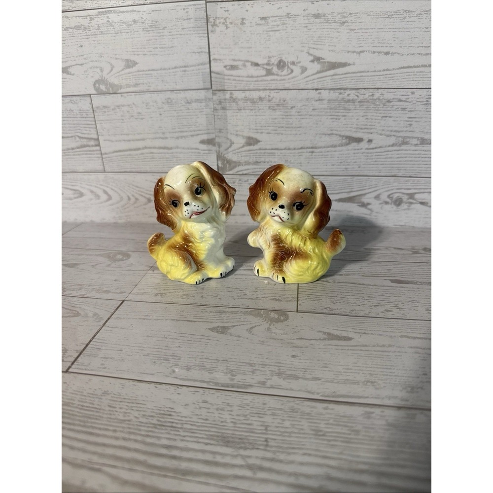 VTG Japan Ceramic Puppy Dog Salt Pepper Shakers Big Eye Cocker Spaniel Pair - Picture 2 of 9